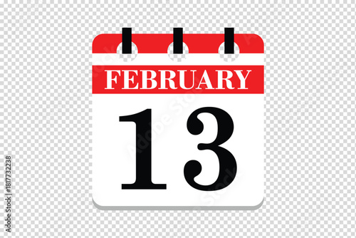 13 February Calendar icon vector, 13 dates of February month calendar icon, dates of February 13 icon calendar, vector calendar icon.