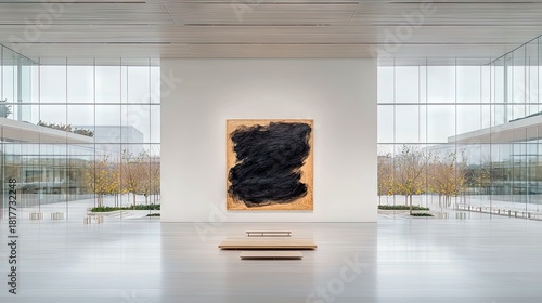 A large, abstract painting with bold black brushstrokes on a textured, light brown canvas hangs centrally on a white wall within a spacious, modern art gallery.