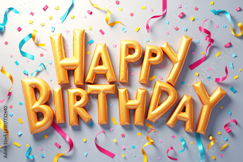 Golden Happy Birthday text surrounded by colorful confetti and ribbons on a gray background.