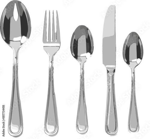 Complete Set of Elegant Silverware Table Settings Including Spoon, Fork, and Knife, Detailed Vector Illustration for Fine Dining and Catering Concepts.