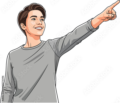 A cheerful young man with short brown hair in a grey longsleeved shirt smiling and pointing upwards.