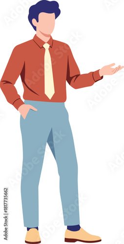 A faceless man in a terracotta shirt and light blue trousers gesturing with an open hand while standing.