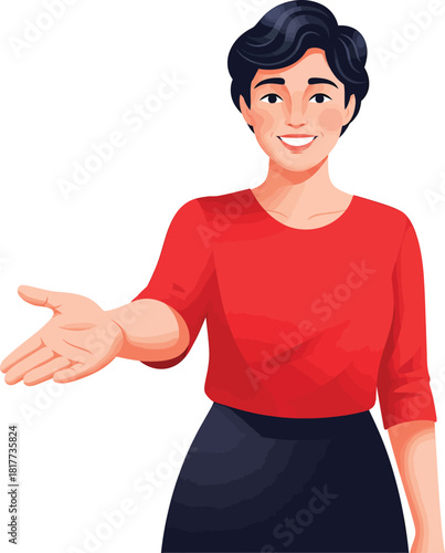 A friendly illustrated woman with short black hair in a red shirt making a welcoming gesture.