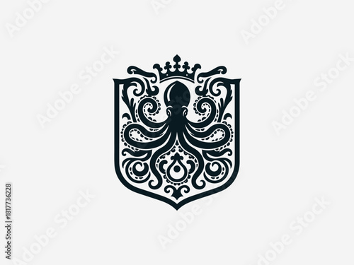 Intricate black heraldic octopus vector logo with detailed tentacles and emblem frame for powerful brand identity