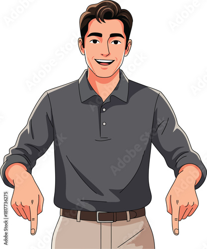 A smiling young man in a dark gray longsleeved polo shirt pointing downwards with both index fingers.