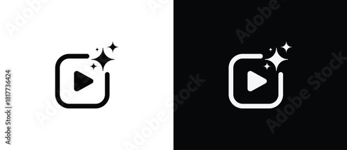 Videos symbol with Artificial Intelligence with square shape. AI engineered app icon. Sparkling star in flat style. Artificial Intelligence star logo. Digital brain, media, multimedia, button.