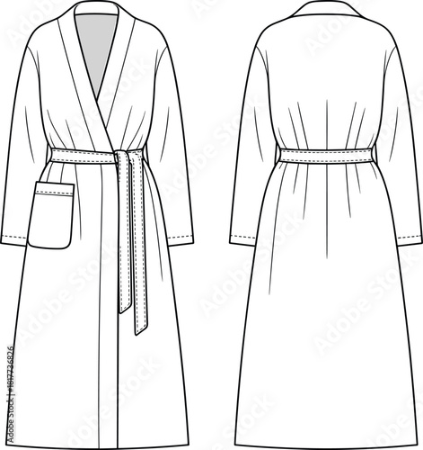 Long sleeve bathrobe fashion flat sketch with shawl collar, waist belt, pocket, front and back view, technical cad drawing flat vector illustration