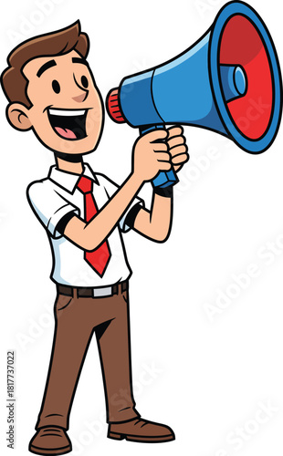 Cartoon businessman in a white shirt and red tie enthusiastically shouting into a large blue and red megaphone.