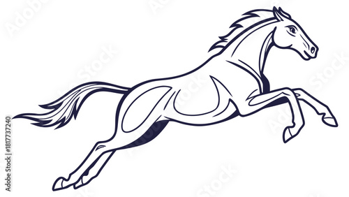 Illustration of a horse in mid leap with a flowing mane and tail in a simple black and white design