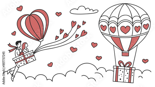 A couple flying in a gift box attached to a heart shaped balloon with clouds and hearts around them