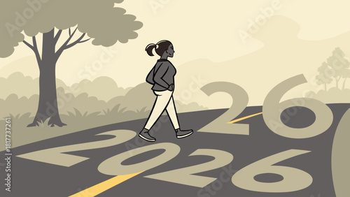 Woman walking on road with 2026 written on it towards a tree filled background on a sunny day