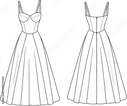 Women's fit and flare dress fashion flat sketch with bustier bodice, spaghetti straps, flared skirt, technical cad drawing flat vector illustration