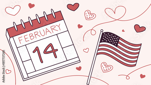 Valentine's day calendar with february fourteenth and american flag surrounded by hearts design