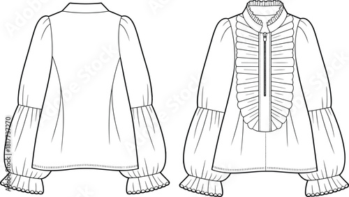 Women's romantic blouse fashion flat sketch with ruffled bib, puff sleeves, high neck, zipper, technical cad drawing flat vector illustration