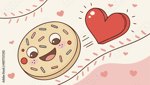 Cartoon cookie with sprinkles and a happy face chasing a floating red heart illustration art