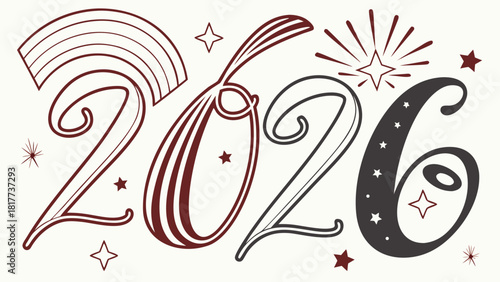 Illustration of the year two thousand and twenty six with rainbow and star decorations around it