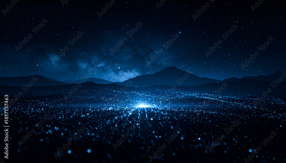 Fototapeta premium 星空と山並みのシルエットが幻想的な夜景グリッター背景