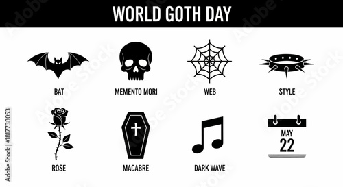 Black and white graphic icons representing World Goth Day on May 22