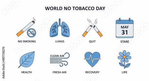 Eight blue and orange icons related to World No Tobacco Day featuring symbols for health and quitting