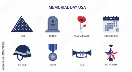 Eight blue red and white icons related to Memorial Day USA