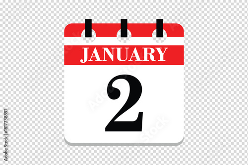 2 January Calendar icon vector, 2 dates of January month calendar icon, dates of January 2 icon calendar, vector calendar icon.