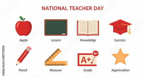 Eight icons related to teaching titled NATIONAL TEACHER DAY