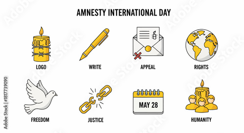 Eight icons representing Amnesty International Day elements including symbols and dates