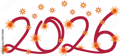 2026 sparkler typography with bright stars and swirls