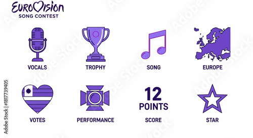 Eight purple and white Eurovision Song Contest icons and logo