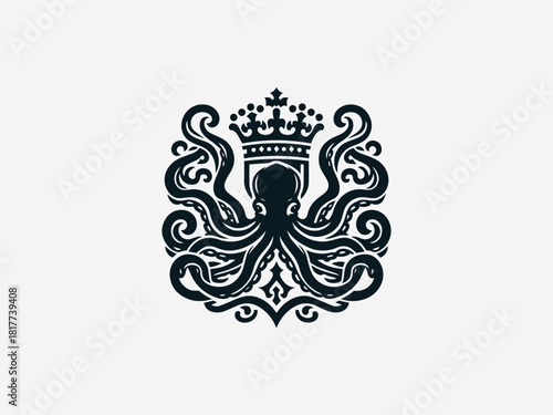 Intricate black heraldic octopus vector logo with detailed tentacles and emblem frame for powerful brand identity