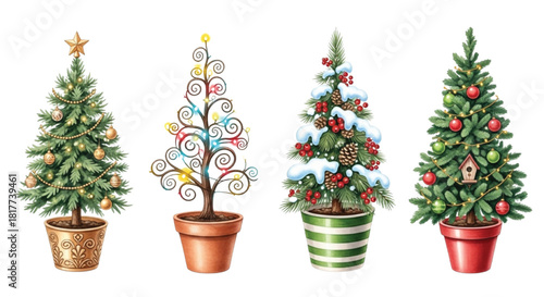 Potted Fancy Christmas Tree Set with Ornaments, Lights, Snow and Holiday Decorations – Watercolor Illustration