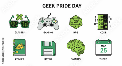 Geek Pride Day graphic featuring eight icons glasses gamepad die binary code book floppy disk brain and calendar