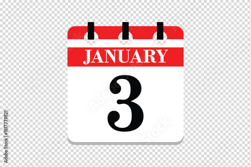 3 January Calendar icon vector, 3 dates of January month calendar icon, dates of January 3 icon calendar, vector calendar icon.