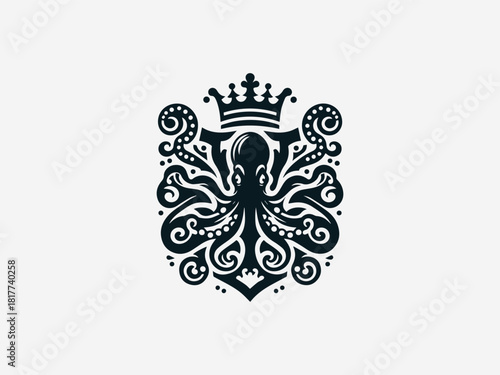 Intricate black heraldic octopus vector logo with detailed tentacles and emblem frame for powerful brand identity