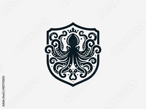 Intricate black heraldic octopus vector logo with detailed tentacles and emblem frame for powerful brand identity