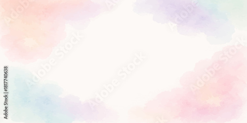 Abstract watercolor background with fluffy white clouds on a bright blue sky