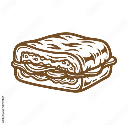 Delicious brown sandwich illustration of a tasty meal with detailed outline and artistic texture
