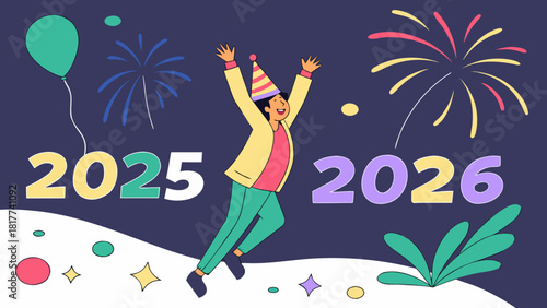 Illustration of a person celebrating between the years 2025 and 2026 with fireworks