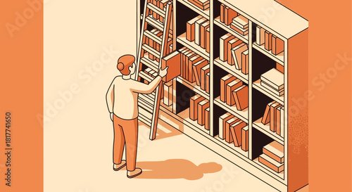 Illustration depicting a person choosing a book from a tall bookcase with a ladder academic pursuit