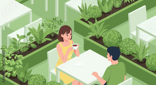 Illustration of a couple enjoying coffee in an outdoor cafe with green plants ambience