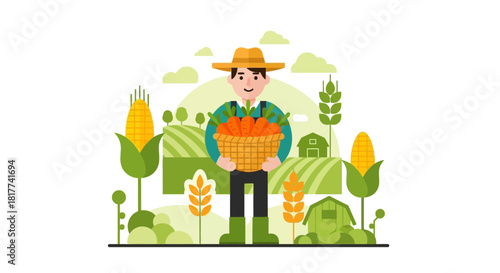 Illustration of a farmer harvesting carrots in a rural agricultural landscape scene