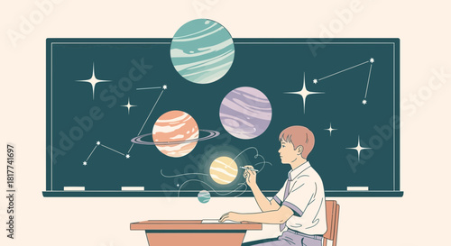 Illustration of a Student Drawing Planets and Constellations on a Blackboard in a Classroom
