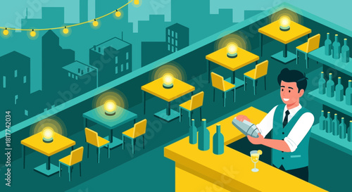 Trendy rooftop bar scene with bartender, illuminated tables, and cityscape ambiance enhancing the