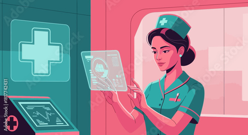 Futuristic healthcare illustration showcasing a nurse utilizing advanced technology