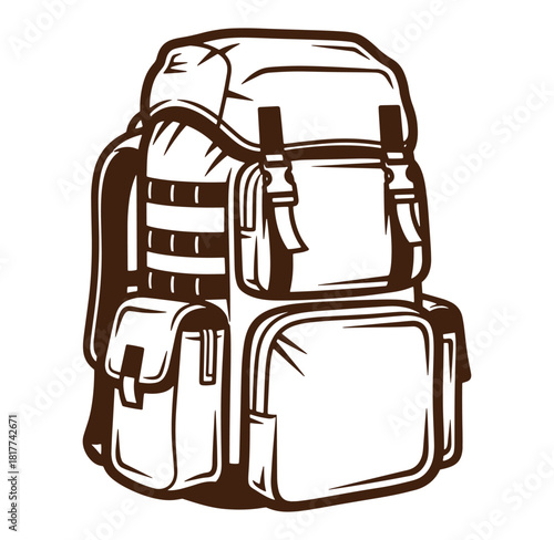 Detailed monochrome vector illustration of a hiking backpack essential equipment for outdoor adventure