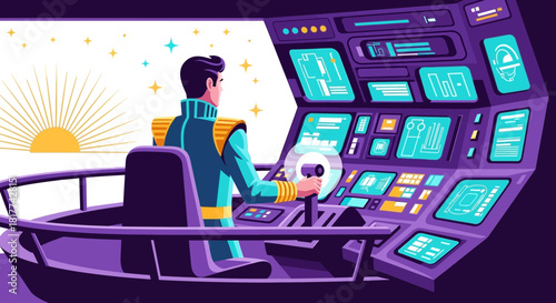 Futuristic space exploration illustration depicting a pilot in a spaceship cockpit ready for travel