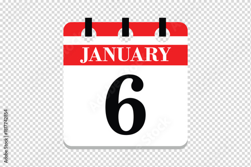 6 January Calendar icon vector, 6 dates of January month calendar icon, dates of January 6 icon calendar, vector calendar icon.