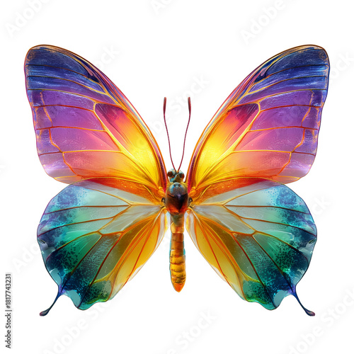 Vibrant iridescent butterfly with colorful wings spread wide isolated on transparent background