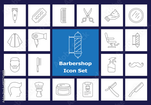 Barbershop Line Icons: Haircut, Shaving, Grooming Tools, Barber Pole, Chair, Scissor, Comb, Moustache, Beard, Male Hairstyle, Modern Salon Services Vector Set