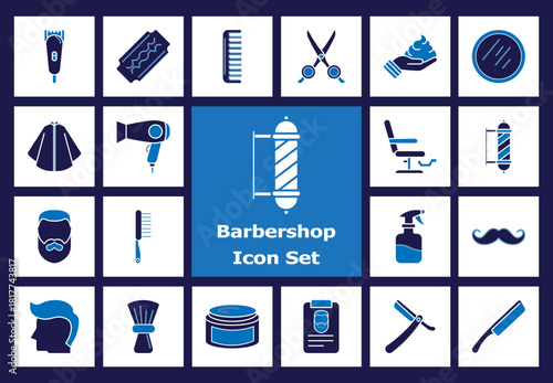 Barbershop Flat Color Icons: Haircut, Shaving, Grooming Tools, Barber Pole, Chair, Scissor, Comb, Moustache, Beard, Male Hairstyle, Modern Salon Services Vector Set